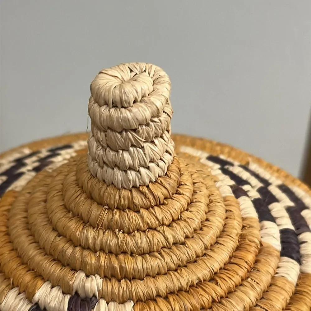 Small Boho Natural Woven Basket With Lid For Home Decor